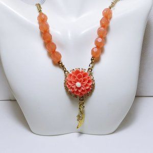 CALISA Designs Faux Pink Floral Coral Center & Pink Bead Plated Necklace NWT